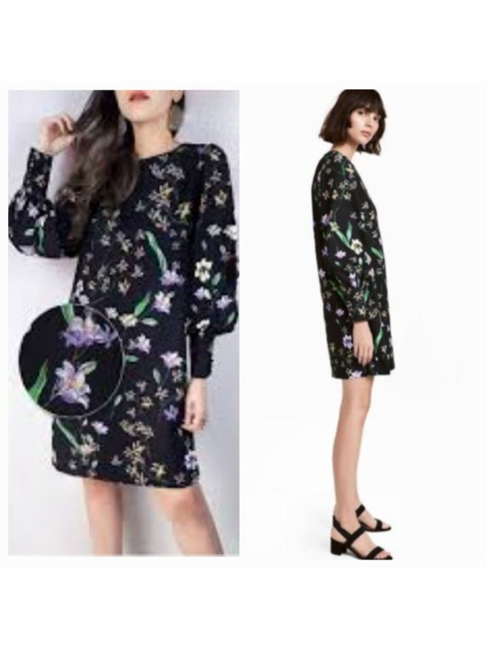 H&M 6 Black Floral Long Sleeve Shift Dress Botanical Print Cottagecore Romantic